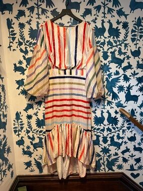 Multicolor Striped Balloon-Sleeve Midi Dress
